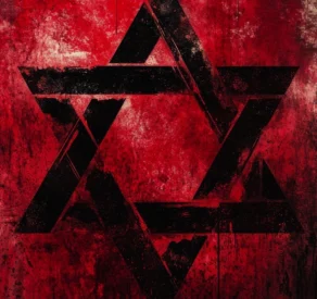 Dark, grunge-style Star of David symbol in black against a textured, blood-red background, evoking a powerful and intense emotional atmosphere.