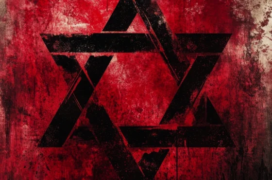 Dark, grunge-style Star of David symbol in black against a textured, blood-red background, evoking a powerful and intense emotional atmosphere.