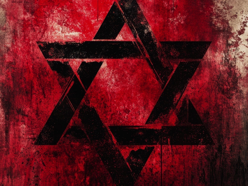Dark, grunge-style Star of David symbol in black against a textured, blood-red background, evoking a powerful and intense emotional atmosphere.