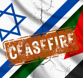 Image of Israeli and Palestinian flags with a cracked background, overlaid by a bold 'CEASEFIRE' stamp, symbolizing a call for peace between Israel and Palestine.