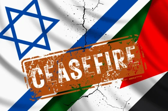 Ceasefire Agreement Between Israel and Hamas 1 Image of Israeli and Palestinian flags with a cracked background, overlaid by a bold 'CEASEFIRE' stamp, symbolizing a call for peace between Israel and Palestine.