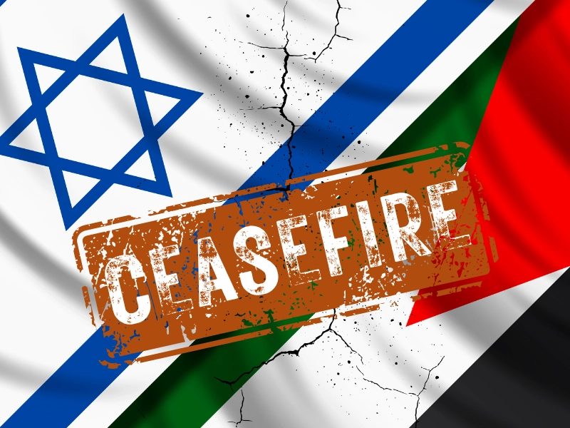 Image of Israeli and Palestinian flags with a cracked background, overlaid by a bold 'CEASEFIRE' stamp, symbolizing a call for peace between Israel and Palestine.